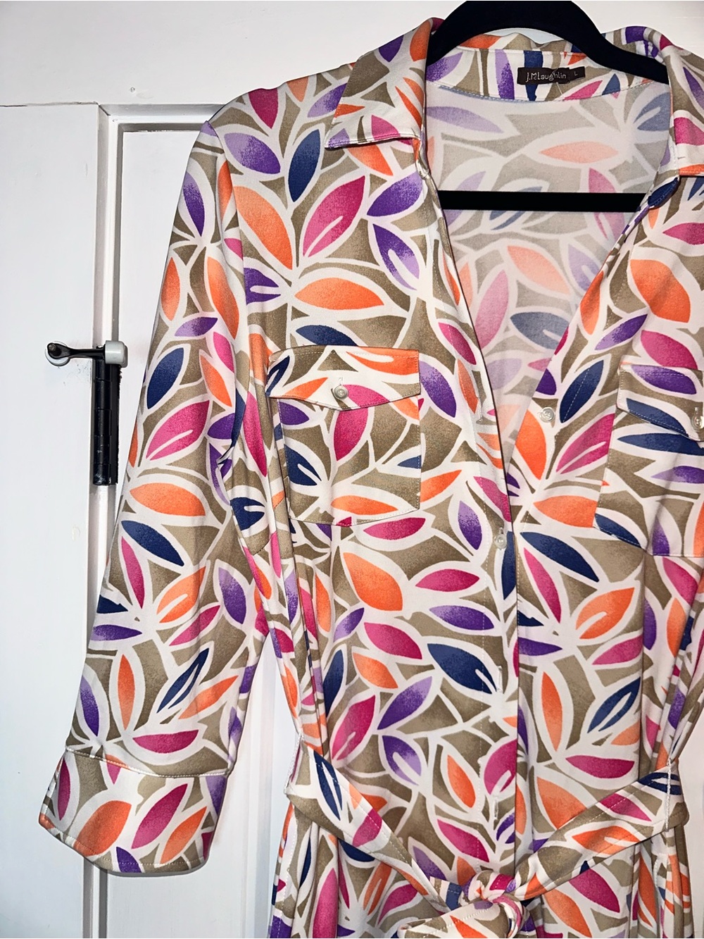 J McLaughlinf Size Large Multicolor Leaf-Print Maxi Button Up Dress - Picture 3 of 12